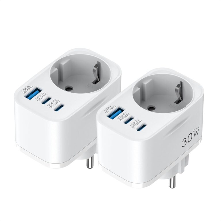 TOPADRE 2er-Pack USB-C-Steckdose mit 2 x USB-C und 1 x USB-A, 30-W-Schnellladegerät, 4-Port-Mehrfachstecker, 3680-W-Steckdosenadapter, Schuko-Steckdose für Telefon und Haushaltsgeräte, kompakt mit Kindersicherung
