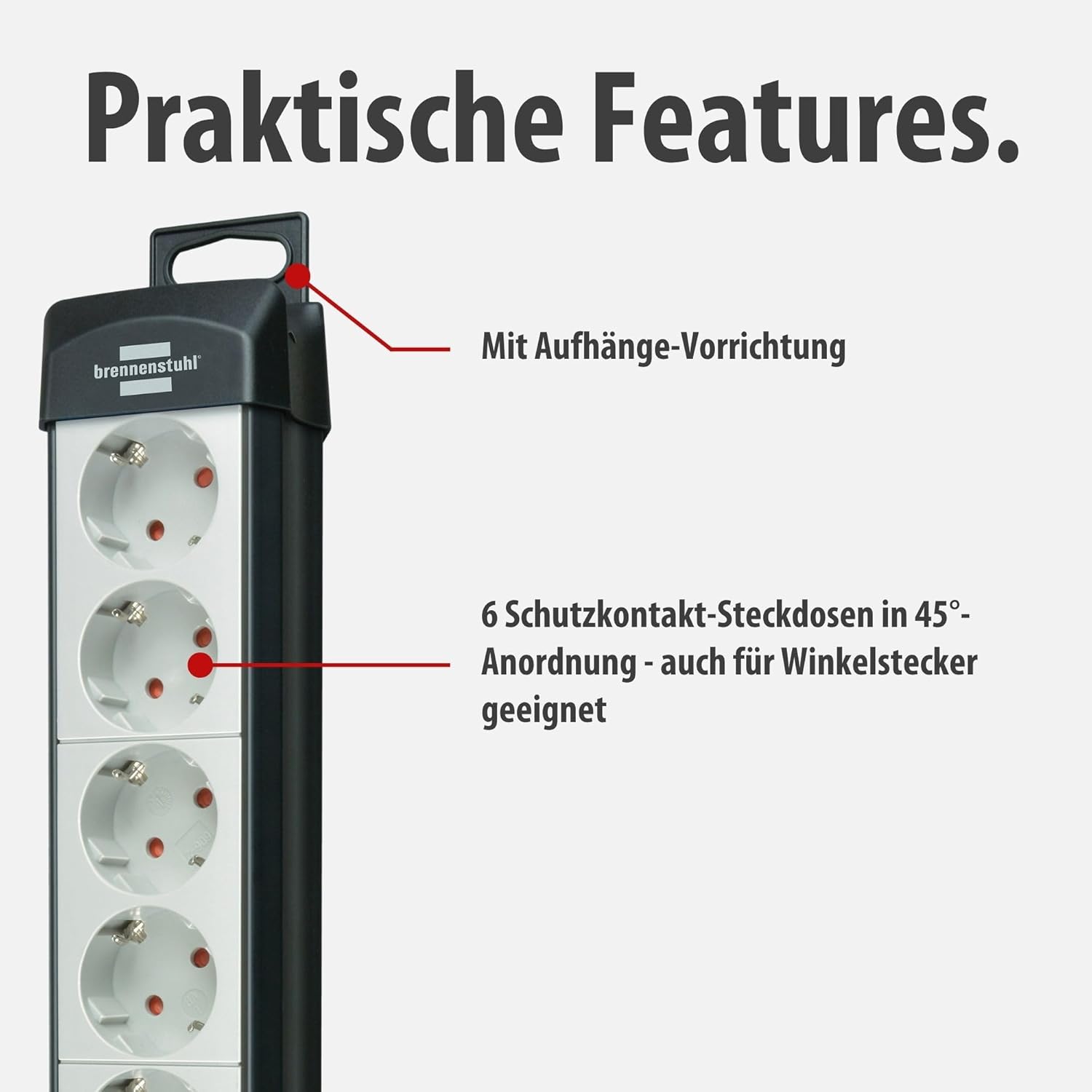 Brennenstuhl Premium-Line, 6-fach Steckdosenleiste (Steckdosenleiste mit Schalter und 5m Kabel - 45° Anordnung der Steckdosen) Farbe: hellgrau / schwarz – Bild 3
