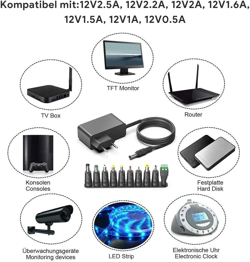 HKY 12 V 2,5 A Universal-Netzteil, Ladegerät, Ladekabel, Adapter für LED-Streifen, Wasserpumpe, Drucker, Scanner, Router, DVD-Player, externe Festplatten, Kamera, Radio, Netzteil, Medion E2221T MD, Akoya E3215 – Bild 4