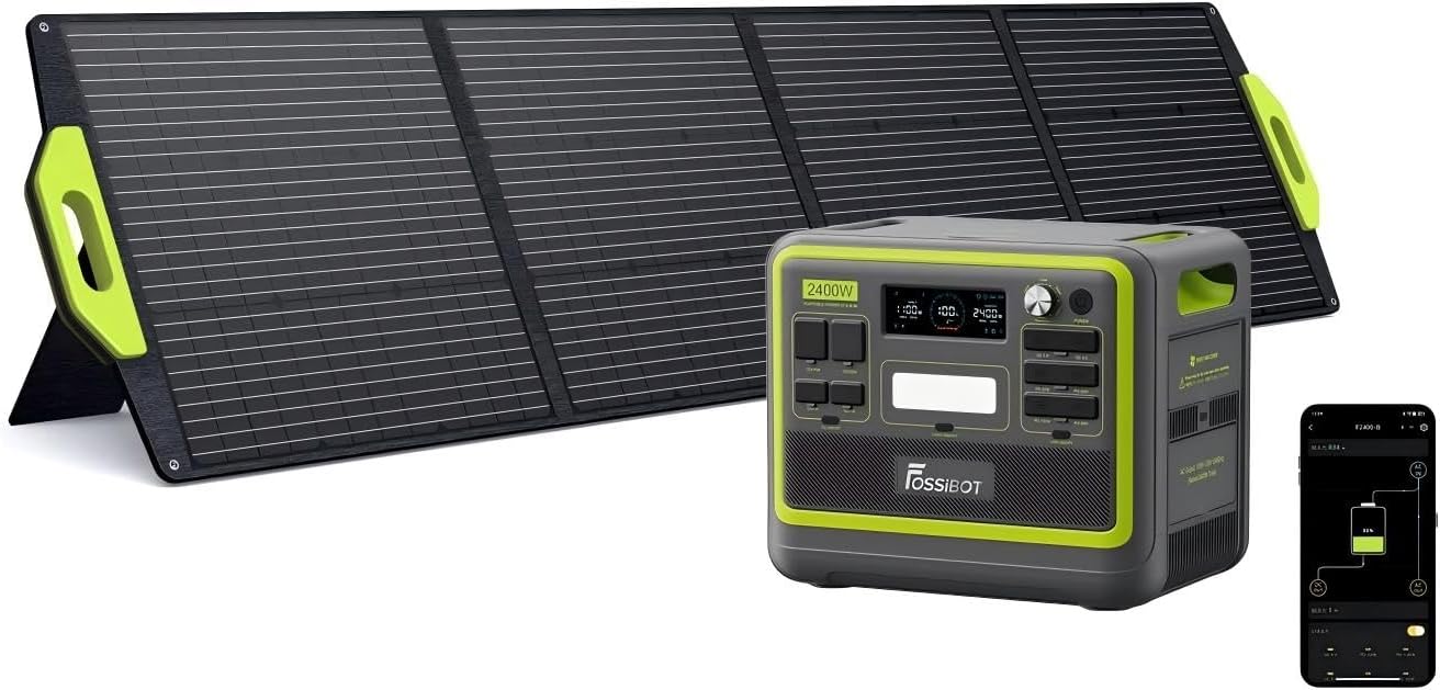 FOSSiBOT F2400 Kraftwerk mit 200 W Solarpanel, Solargenerator 2048 Wh LiFePO4-Batterie 230 V 2400 W 3 AC-Ausgänge (4800 W Spitze), mobiler Stromgenerator für Camping/Reisen/Zuhause/Notfall usw