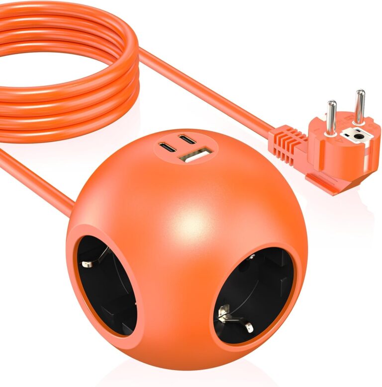 PD 25W Steckdosenleiste Cube mit 1 USB A und 2 USB C, Steckdosenleiste mit 3-fach Steckdosenadapter, Kugelsteckdose mit 2m Kabel (3680W 16A für Bürosteckdosen, Orange)