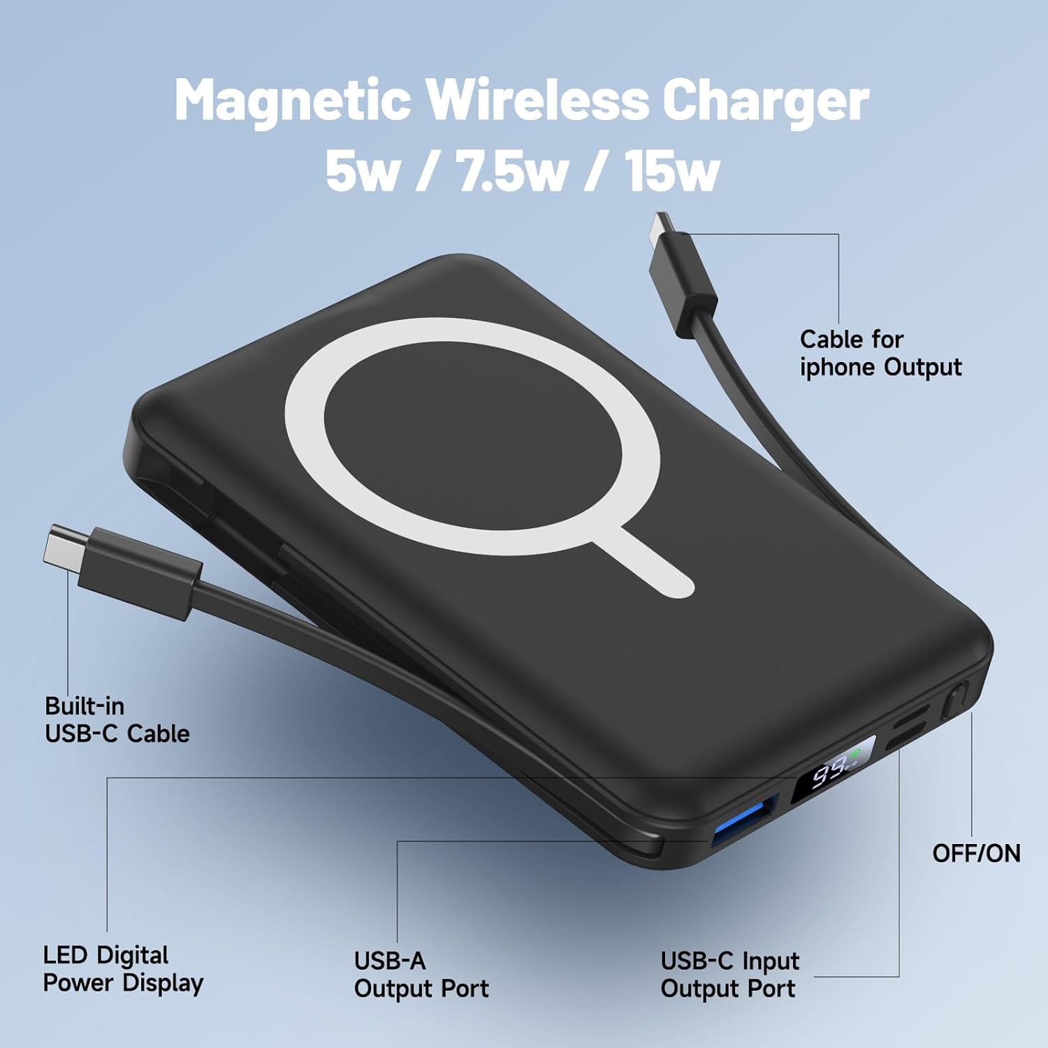 Magsafe Powerbank 10000 mAh, kabellose magnetische Powerbank, schnelles Aufladen mit LED-Anzeige und USB-C-Ladekabel, externer Akku für iPhone 17/16/15/14/13/12 Pro Max/Pro/Plus – Bild 5