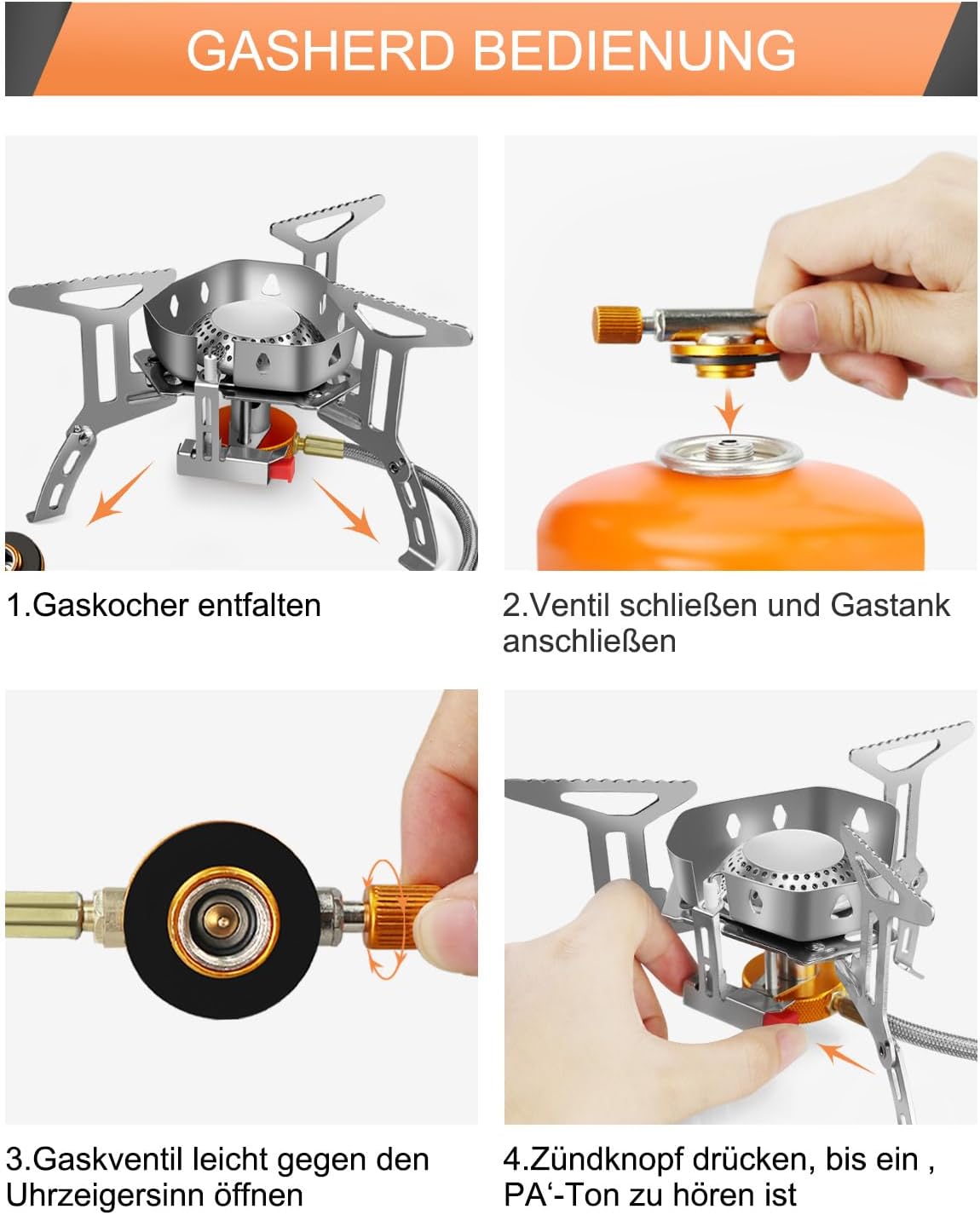 AUTOPkio Campingkocher 3500 W, winddichter Gas-Campingkocher mit Piezo-Zündung, faltbarer Gaskocher, Gasbrenner mit Adapter, Gaskocher für Picknick im Freien, Trekking, Wandern, Wandern – Bild 3
