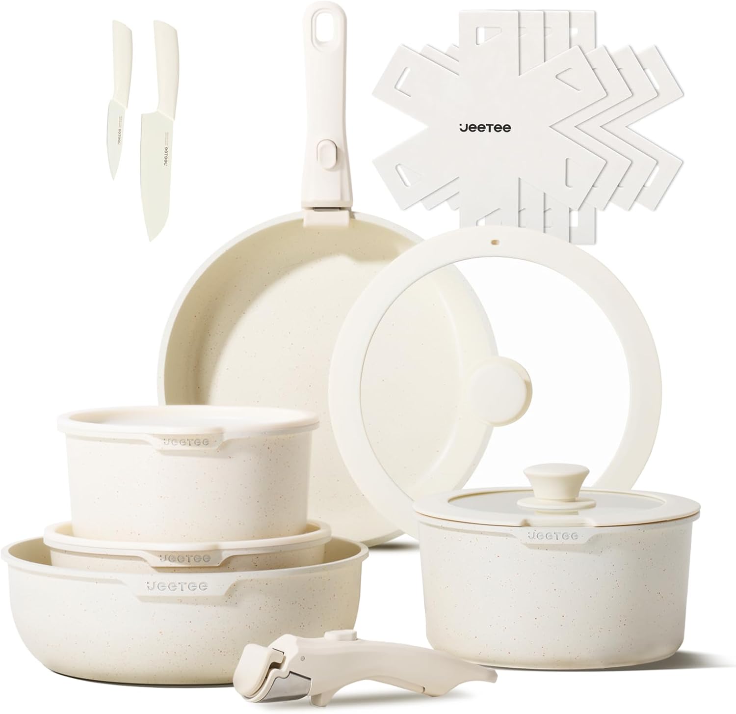JEETEE Topf- und Pfannensets mit abnehmbarem Griff, 17-teiliges Antihaft-Pfannenset, Induktionstopfset, Kochtopfset mit Deckel und Messer, kompatibel mit allen Herden, PFOS/PFOA-frei, Beige