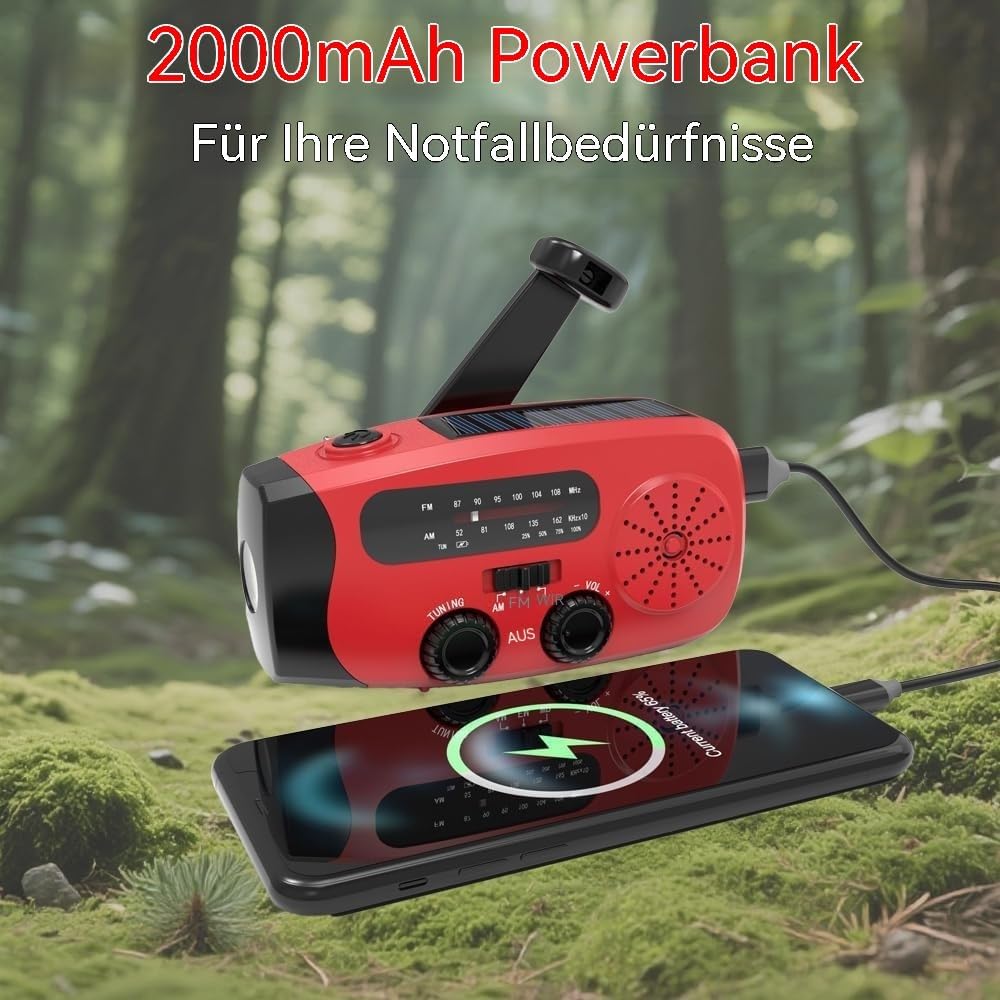 Aufziehbares Solarradio, Notfallradio, tragbares Notfall-Solarradio, wiederaufladbare 2000-mAh-Powerbank, SOS-Alarm, USB-Telefonladegerät, Notfalleinsatz für die – Bild 5