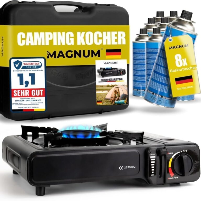 MAGNUM Gaskocher mit 8 Kartuschen – Campingkocher mit Piezo-Zündung – Camping-Gaskocher stufenlos verstellbar – Gaskocher Camping 1-Burb