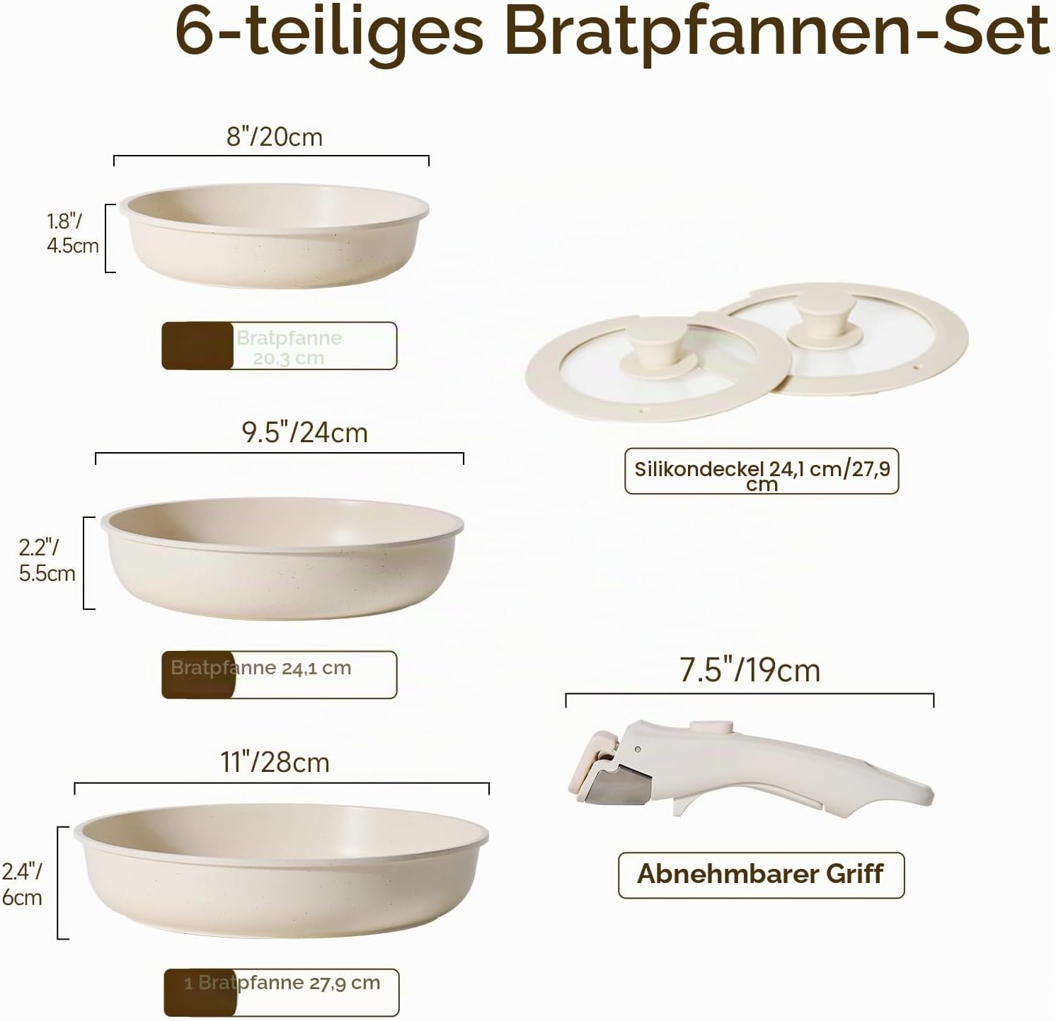 JEETEE Pfannenset 6-teilig mit abnehmbaren Griffen und Deckel, Antihaft-Kochgeschirrset, Pfanne 20/24/28 cm, stapelbares Topfset für alle Herdarten, ofenfest, Beige – Bild 2