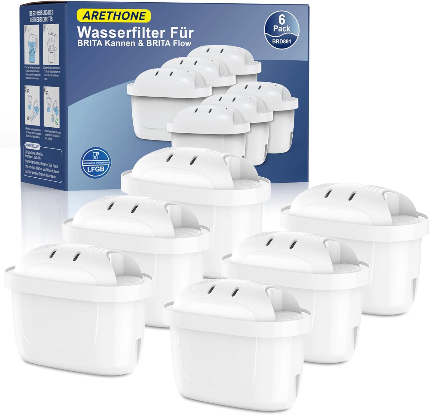 ARETHONE Wasserfilter für Brita Filter: Maxtra+ und Maxtra Pro, Filterkartuschen kompatibel mit Brita Glass, Marella, Style, Aluna Jug, Geräteschutz zur Kalkreduzierung (6 Stück)