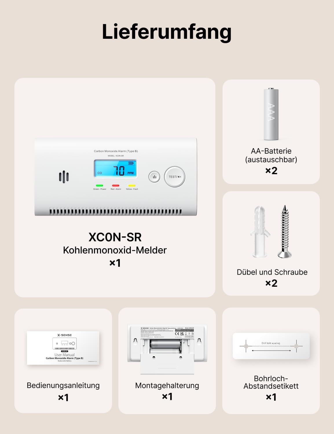 X-Sense XC0N-SR Tragbarer Kohlenmonoxidmelder für Wohnmobile, CO-Melder mit austauschbaren Batterien, LCD-Display und Peak-Speicher, 1 Stück – Bild 8
