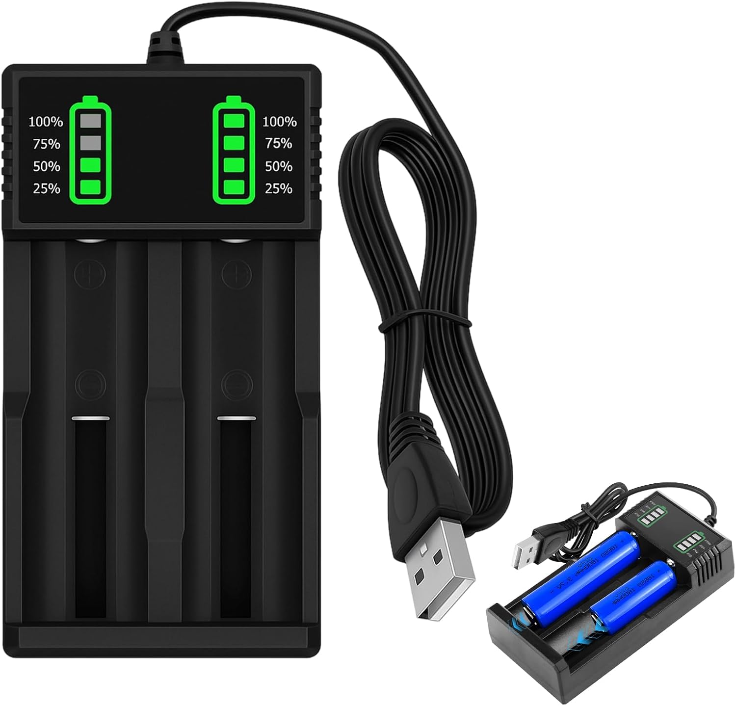 Universelles Akku-Ladegerät für 3,7 V 18650 21700 26650 26700 14500 18500, Akku-Ladegerät mit 2 Steckplätzen für Li-Ionen-Akku AAA AA Akku-Ladegerät mit USB-Kabel, LED-Anzeige – Bild 7