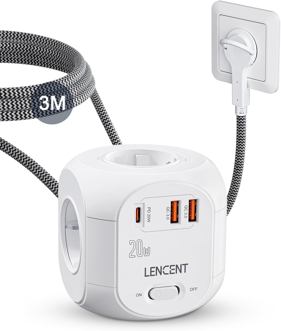 LENCENT 4-fach Steckdosenleiste, Flachstecker, Steckdosenwürfel, 7-in-1 Steckdosenleiste, mit 3 USB 3.0 und 1 Typ-C PD 20W Port, 3 Meter geflochtenes Kabel, für Wandsteckdose