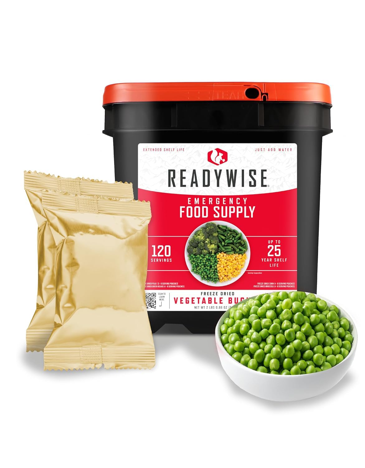 ReadyWise, 120 Portionen, Gemüseeimer, Brokkoli, Zuckermais, grüne Bohnen, Erbsen, gefriergetrocknet, bis zu 25 Jahre haltbar, Notfallnahrung