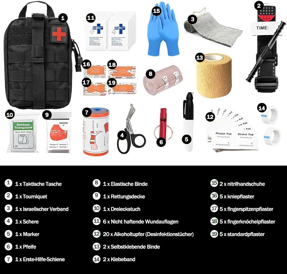 Erste-Hilfe-Set Outdoor Militär, 61 Teile Erste-Hilfe-Set Militär, Ifak gefüllt, Notfallset, Survival-Set für Outdoor-Camping, Jagd, Wandern, Zuhause, Auto, Klettern, Abenteuer (schwarz) – Bild 3