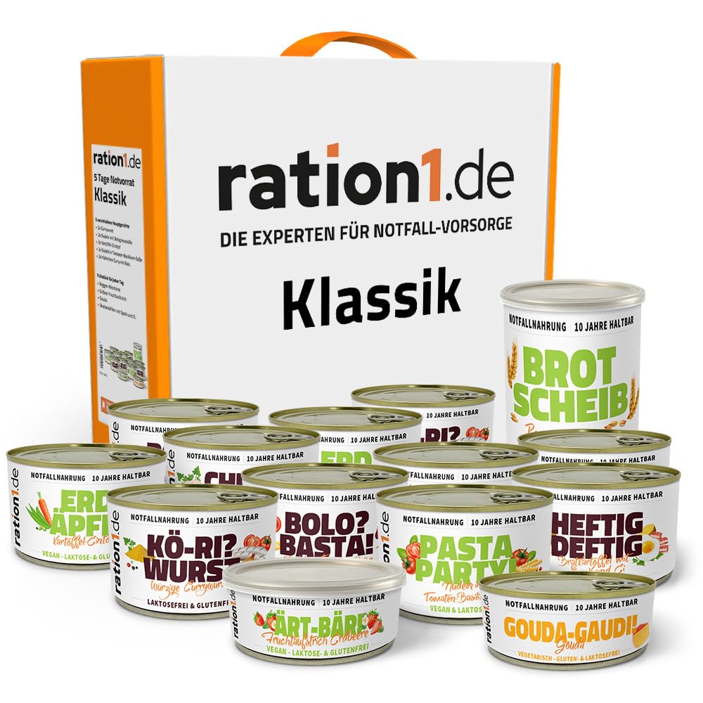 ration1 Notration Fertignahrung, Notnahrung 10 Jahre haltbar, Nudeln, Currywurst, Kartoffeln, Hühnercurry, Brot, Gouda, Erdbeere, Notnahrung, Outdoor, Camping, Trekking, Survival