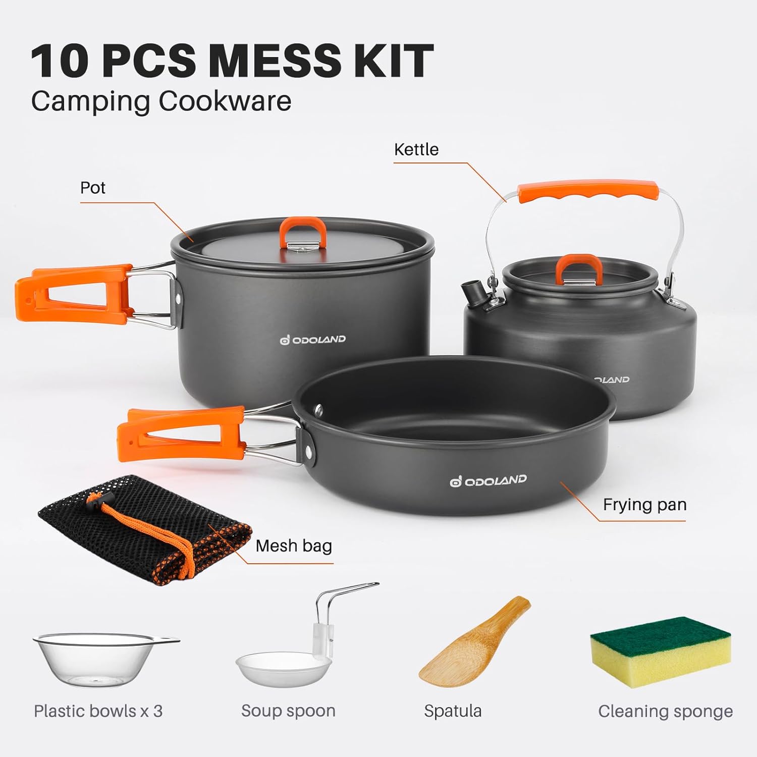 Odoland Camping-Kochgeschirr-Set, 10-teiliges Outdoor-Geschirr-Set mit Campingtopf, Camping-Bratpfanne und Teekannen für Camping, Outdoor, Kochen, Wandern, Reisen – Bild 2