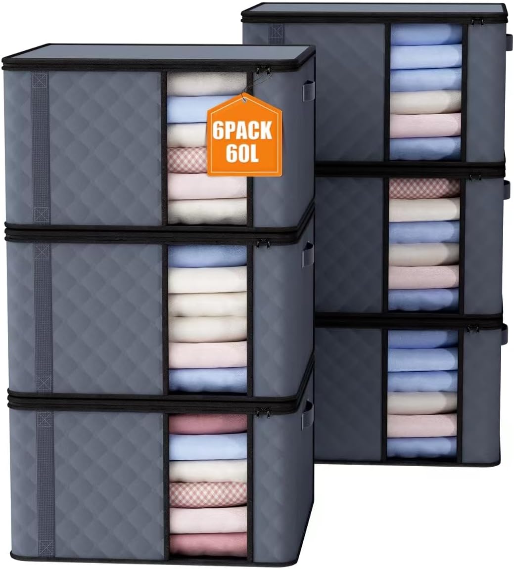 6 Stück 60L Aufbewahrungsbeutel, Aufbewahrungsboxen mit Deckel, große Kleideraufbewahrung, Umzugskartons, faltbare Aufbewahrungsboxen für Bettdecken, Decken, Kleidung, Unterbett, Kleiderschrank