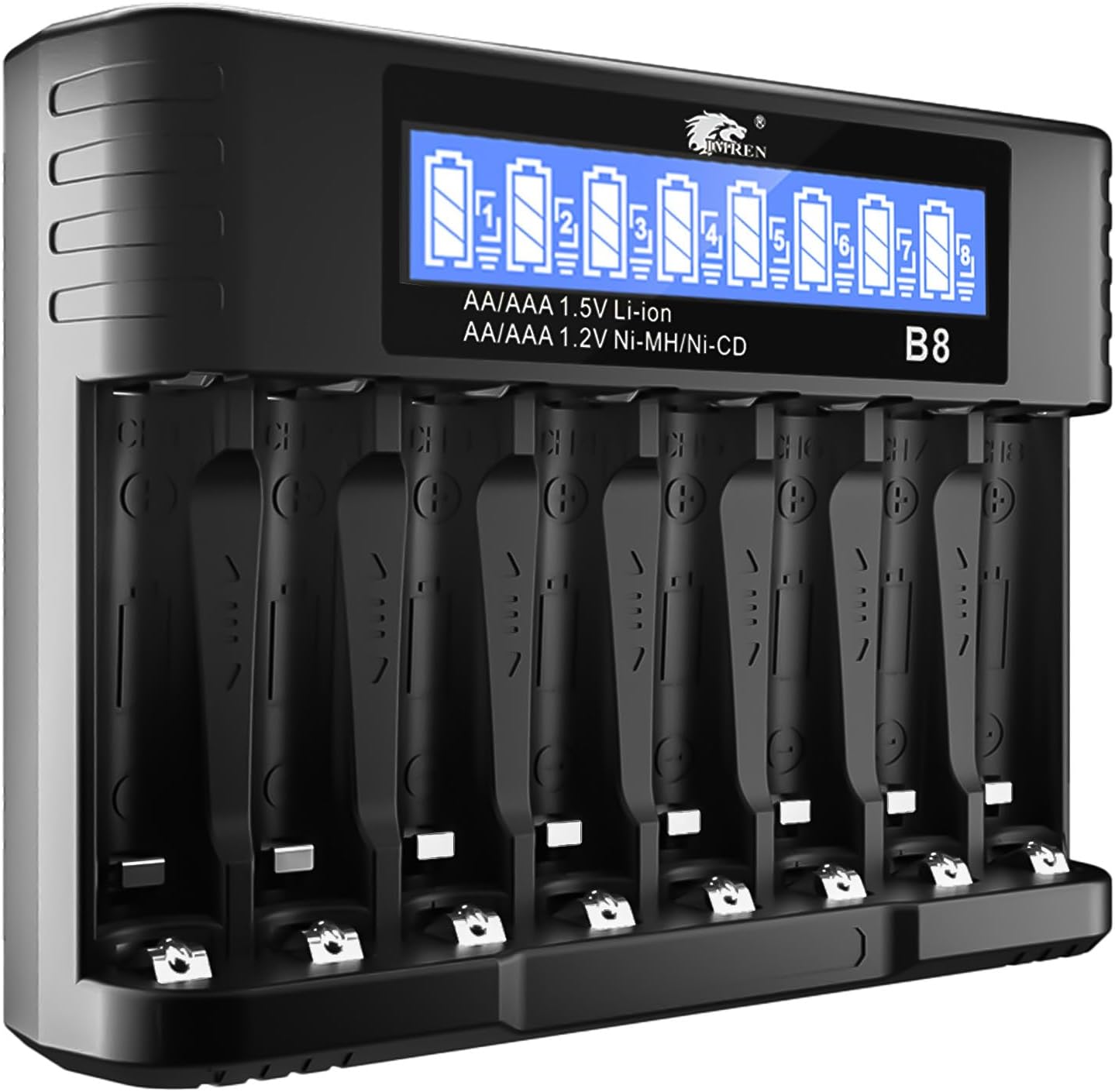 IMREN Batterieladegerät AA AAA, 8 Steckplätze 1,2 V NiMH/NiCD 1,5 V Lithium AA/AAA-Batterien Ladegerät, 5 V 2 A Typ-C Schnelles intelligentes Batterieladegerät mit LCD-Display – Bild 9