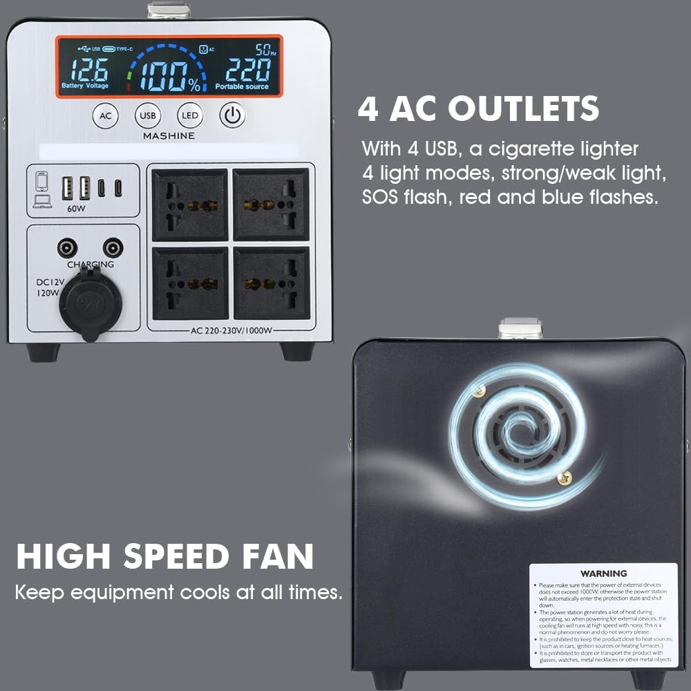Tragbares Kraftwerk 1000 W/666 Wh, tragbarer wiederaufladbarer Generator-Backup-Akku für Camping, Wohnmobile, Drohnen, Erste Hilfe und Außenbeleuchtung, mit 4 AC-Anschlüssen – Bild 4