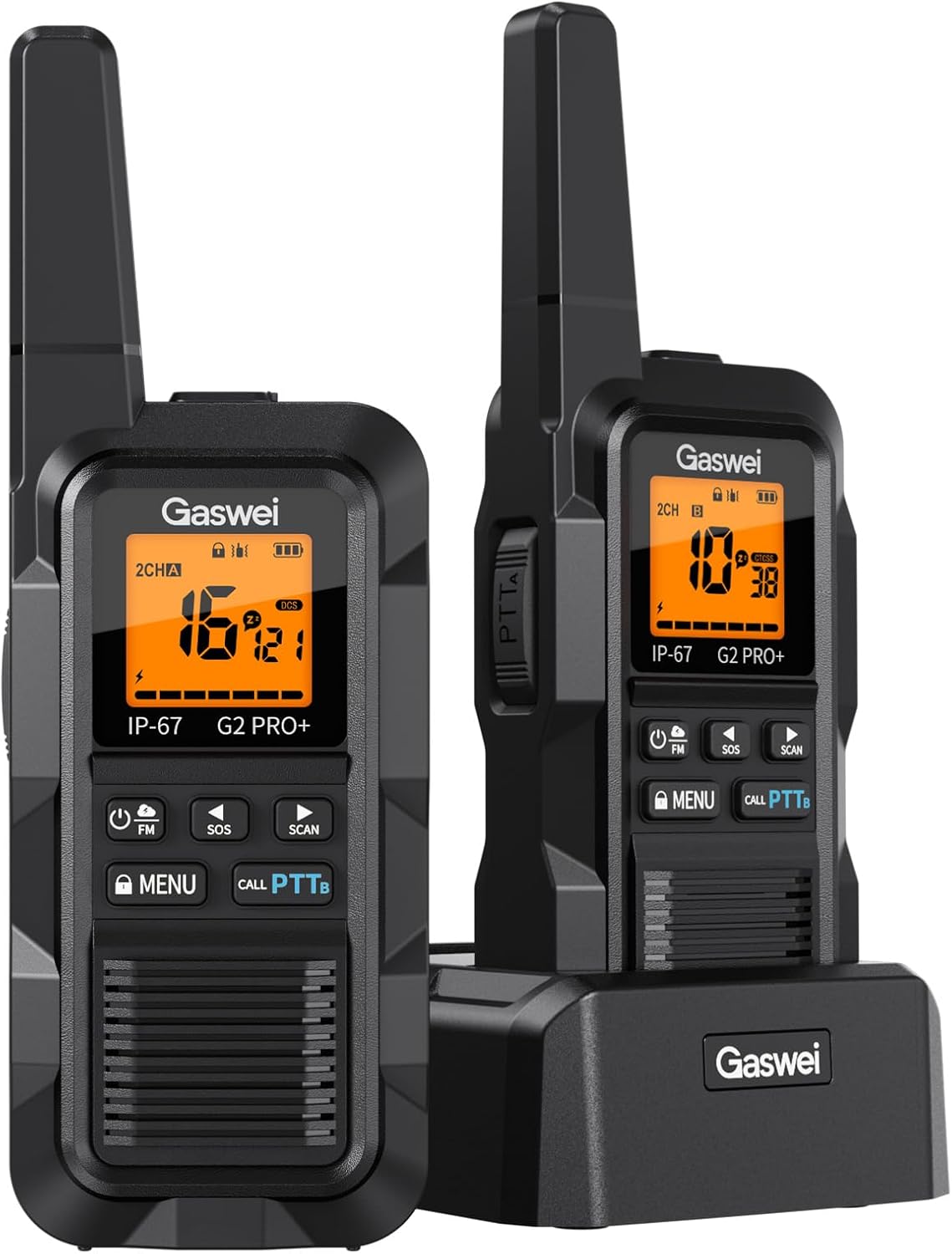 Gaswei G2Pro Professionelle Walkie-Talkies für Erwachsene (IP67 wasserdicht & schwimmfähig), Langstreckenradio mit Doppel-PTT, VOX, SOS-Alarm, UKW-Radio + Akku für den Außenbereich, 2er-Set in Schwarz