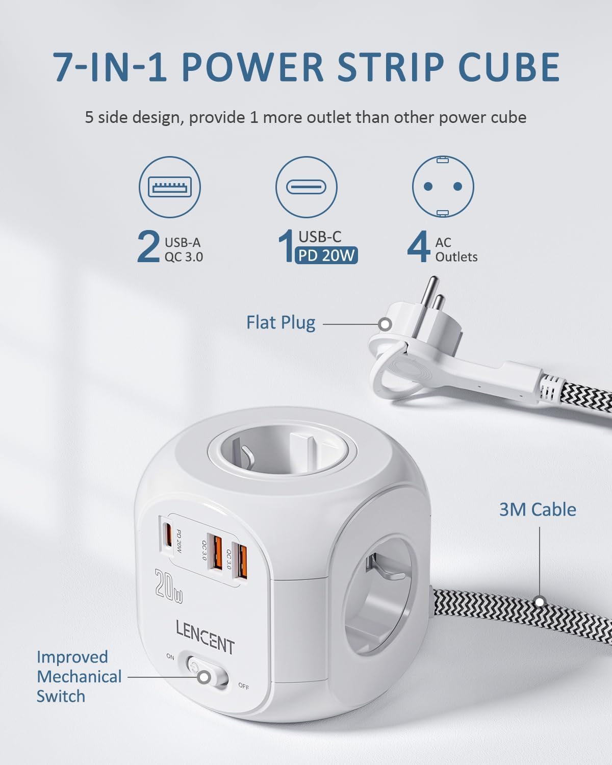 LENCENT 4-fach Steckdosenleiste, Flachstecker, Steckdosenwürfel, 7-in-1 Steckdosenleiste, mit 3 USB 3.0 und 1 Typ-C PD 20W Port, 3 Meter geflochtenes Kabel, für Wandsteckdose – Bild 2