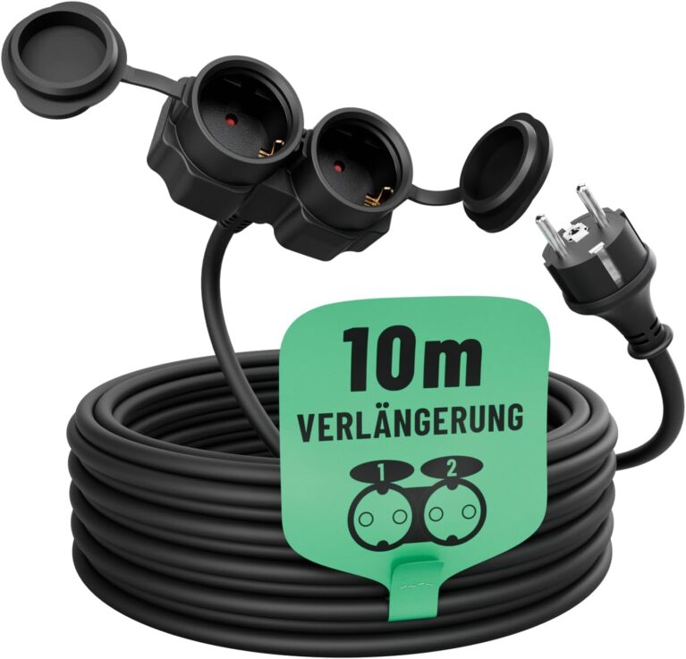 greate 2-Wege-Verlängerungskabel Außen 10 Meter Wasserdicht IP44 Doppelte Mehrfachsteckdosenverlängerung Außen Schuko 10m 3500W Outdoor-Verlängerungskabel Wasserdicht für den Außenbereich