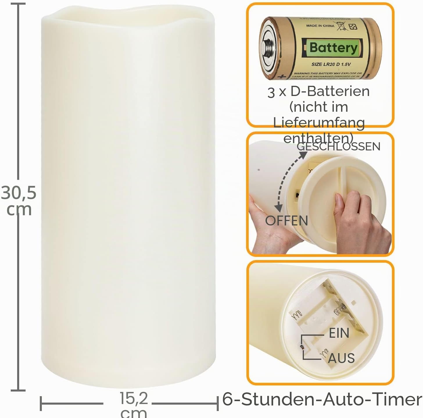 Homemory 15,2 x 30,5 cm große flammenlose Outdoor-Kerze, wasserdicht mit 6-Stunden-Timer, batteriebetriebene Kerze, elfenbeinfarbener Kunststoff, super lange Lebensdauer für ein halbes Jahr – Bild 2