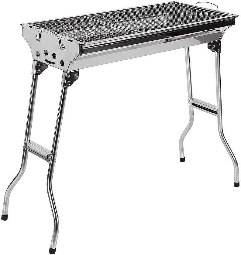 Holzkohlegrill mit Ständer, Edelstahl-Holzkohlegrill, faltbar und tragbar, geeignet für Outdoor-Grillpartys von 5–10 Personen, Grillwagen Holzkohlegrill (73 x 33,5 x 70 cm)