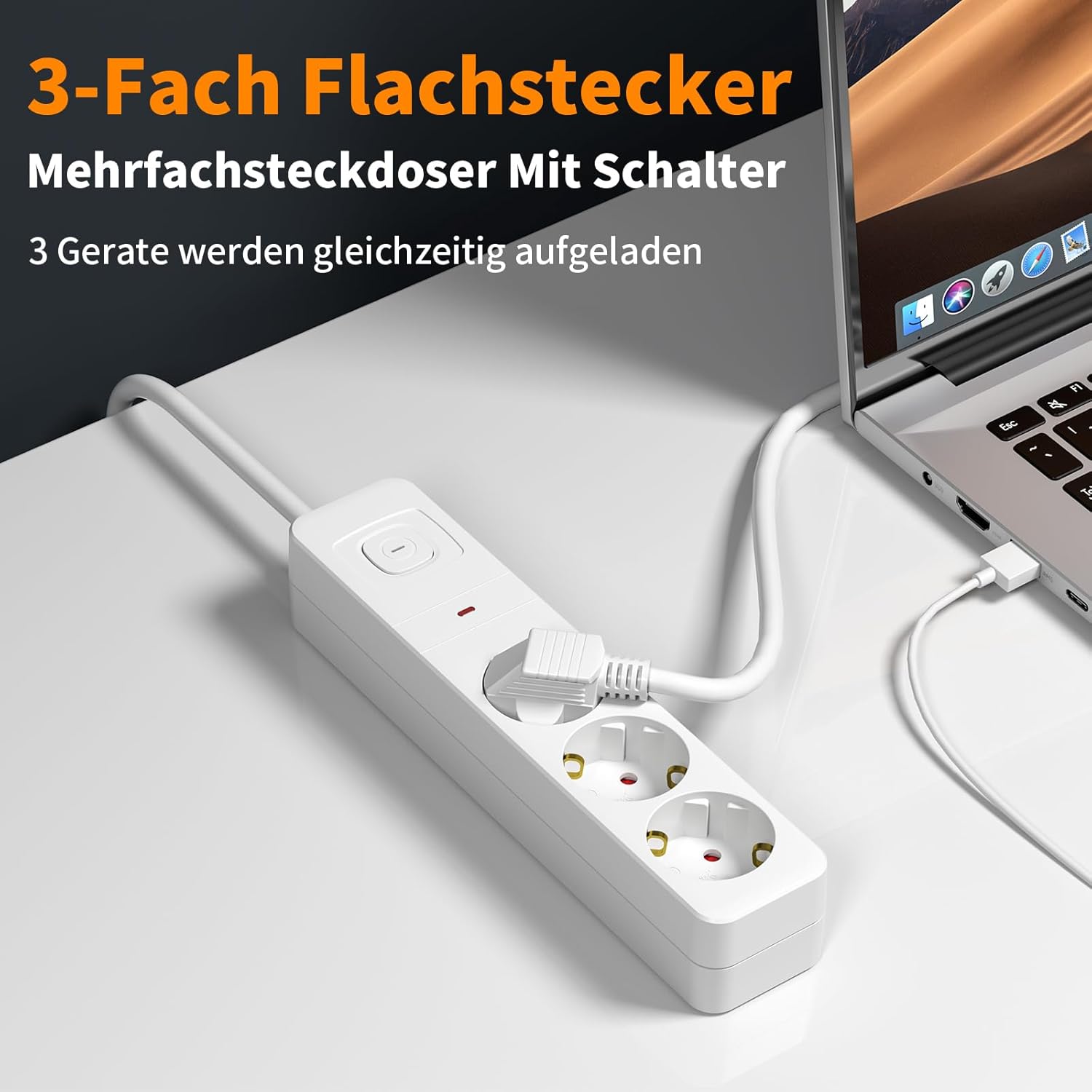 Realmade Mehrfachsteckdose mit Überlastschutz, 3 Steckdosen mit Schalter, Verlängerungskabel 3 m, weiß, Kindersicherung, Mehrfachstecker für Home Office – Bild 2