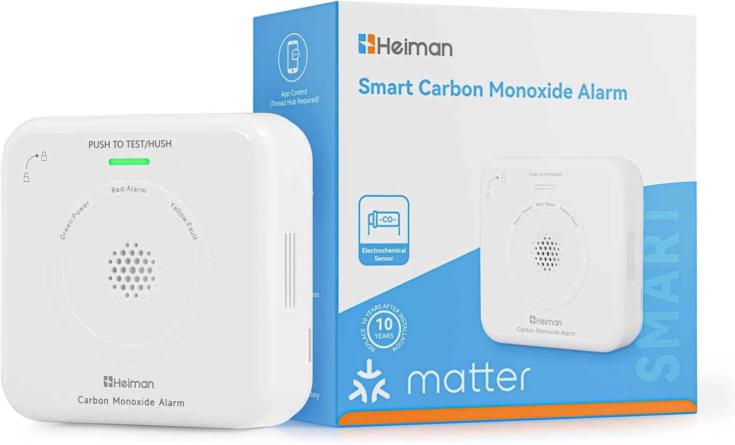 Heiman Smart Kohlenmonoxid-Detektor, Materie über Gewinde (Hub erforderlich) – CO-Detektor für SmartThings & Home Assistant, EN 50291, austauschbare Batterie, 10 Jahre Sensor, 85 dB, HS-725ES-M