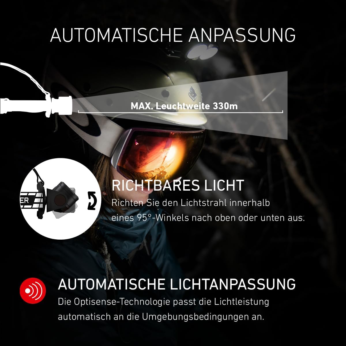Ledlenser H19R Signature Premium LED-Stirnlampe, wiederaufladbar, rotes Licht, wasserdicht IP67, 4000 Lumen, Bluetooth-Fernbedienung, Leuchtweite 330 m, USB-Magnetladekabel, Helmhalterung, Outdoor-MTB – Bild 4