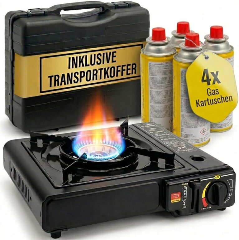 Gaskocher mit 4 Kartuschen – Campingkocher 2,2 kW mit Piezo-Zündung – Camping-Gaskocher mit Transportkoffer – Kartuschenkocher – Gaskocher für Camping, Outdoor, Stromausfall