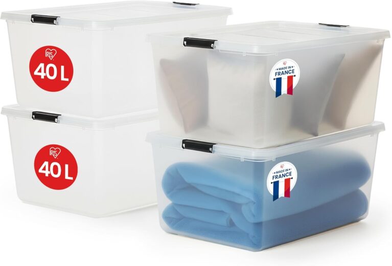 Iris Ohyama Aufbewahrungsboxen mit Deckel, 40 l, 4er-Set, transparent, sicherer Verschluss, stapelbar, Griffe, Schlafzimmer, Schrank, Büro, Organisation, BPA-freier Kunststoff, Organisationsboxen, FTB-40