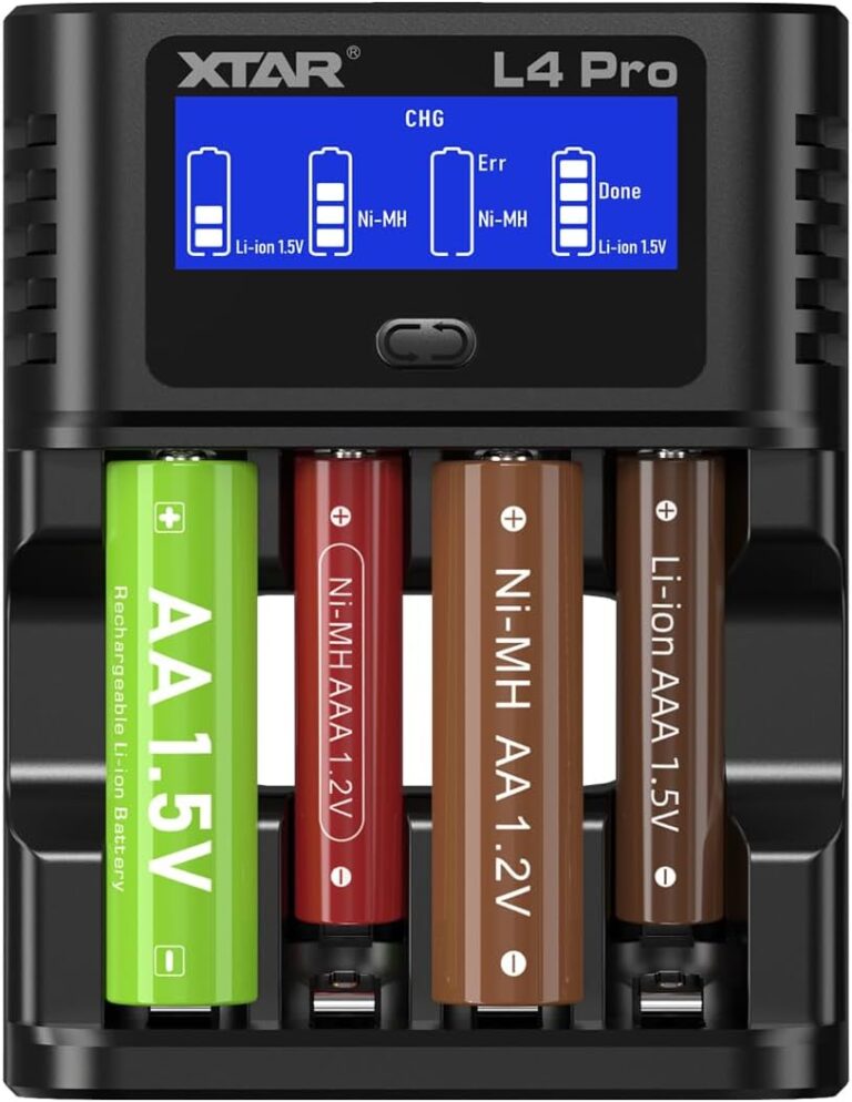 XTAR L4 Pro Ladegerät für AA AAA Akkus – Schnellladegerät kompatibel mit NI-MH & Li-Ion Akkus – Intelligentes Ladegerät mit Überladeschutz für 1,2 V und 1,5 V Akkus