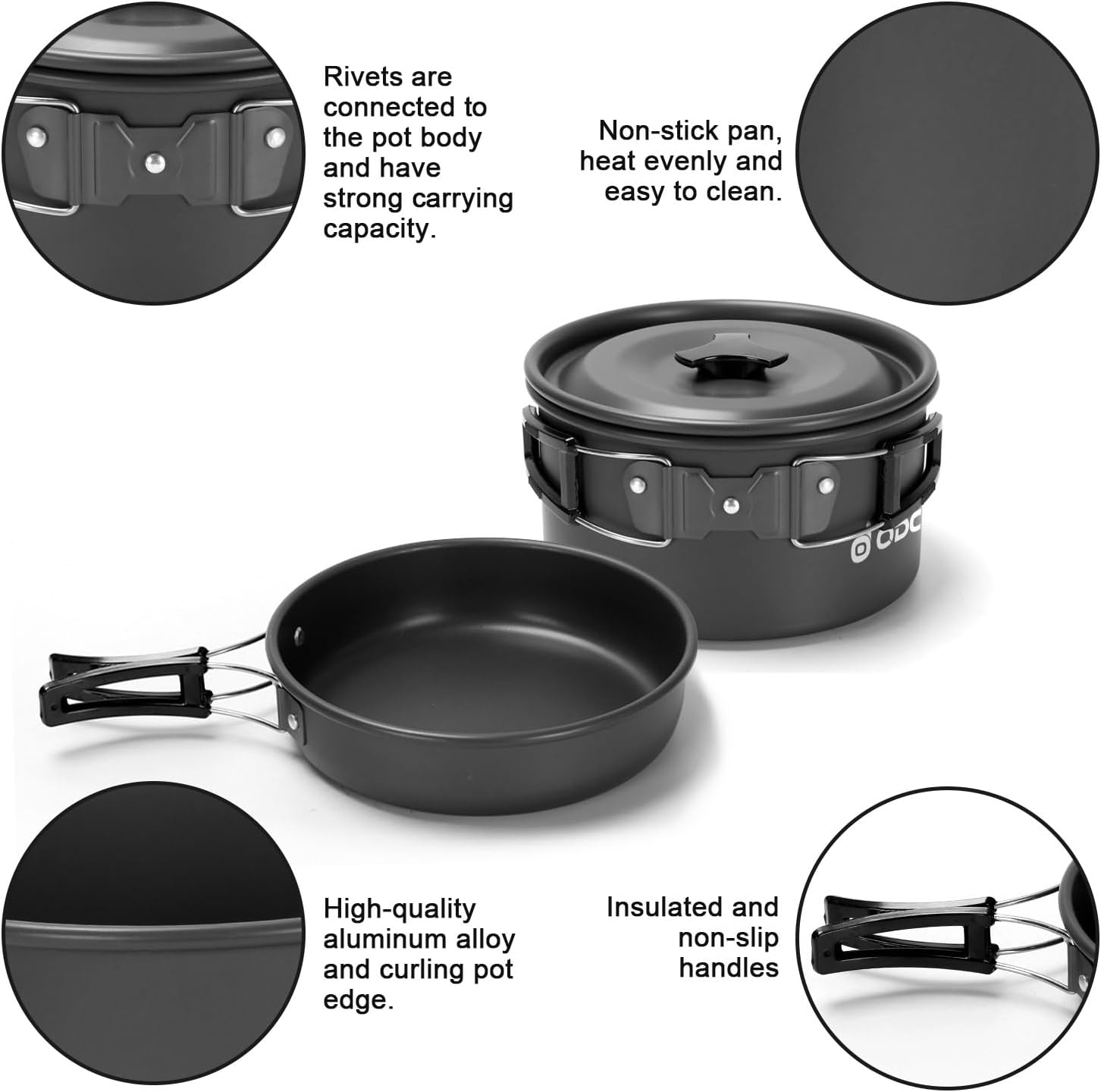 Odoland Camping-Geschirr-Set, Kochset Töpfe mit 0,8 l Teekessel, Campingbesteck und Tasse, leichte Aluminium-Campingtöpfe, faltbares Kochgeschirr für das Kochen im Freien – Bild 6