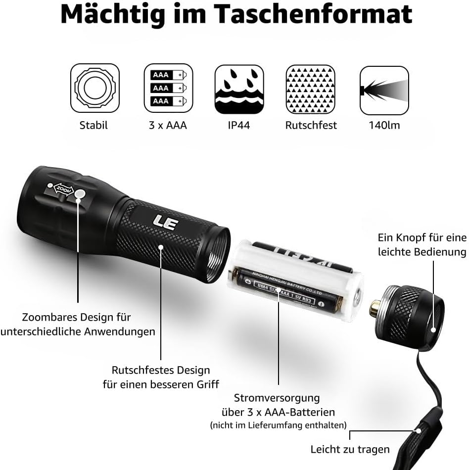 LE LED Taschenlampe klein, LE1000 Extrem helle zoombare Mini-Taschenlampen batteriebetrieben für Kinder, tragbare, wasserdichte Taschenlampe, Taschenlampe für Camping, Outdoor, Wandern, Notfälle – Bild 5