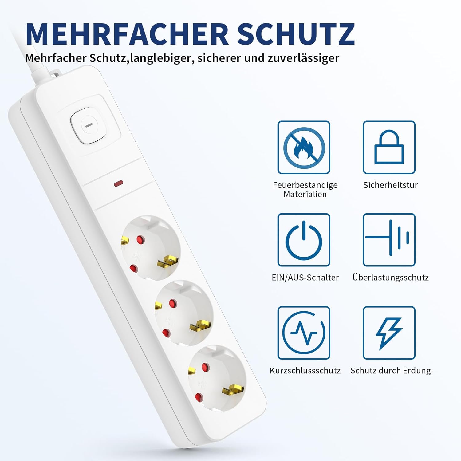 Realmade Mehrfachsteckdose mit Überlastschutz, 3 Steckdosen mit Schalter, Verlängerungskabel 3 m, weiß, Kindersicherung, Mehrfachstecker für Home Office – Bild 5