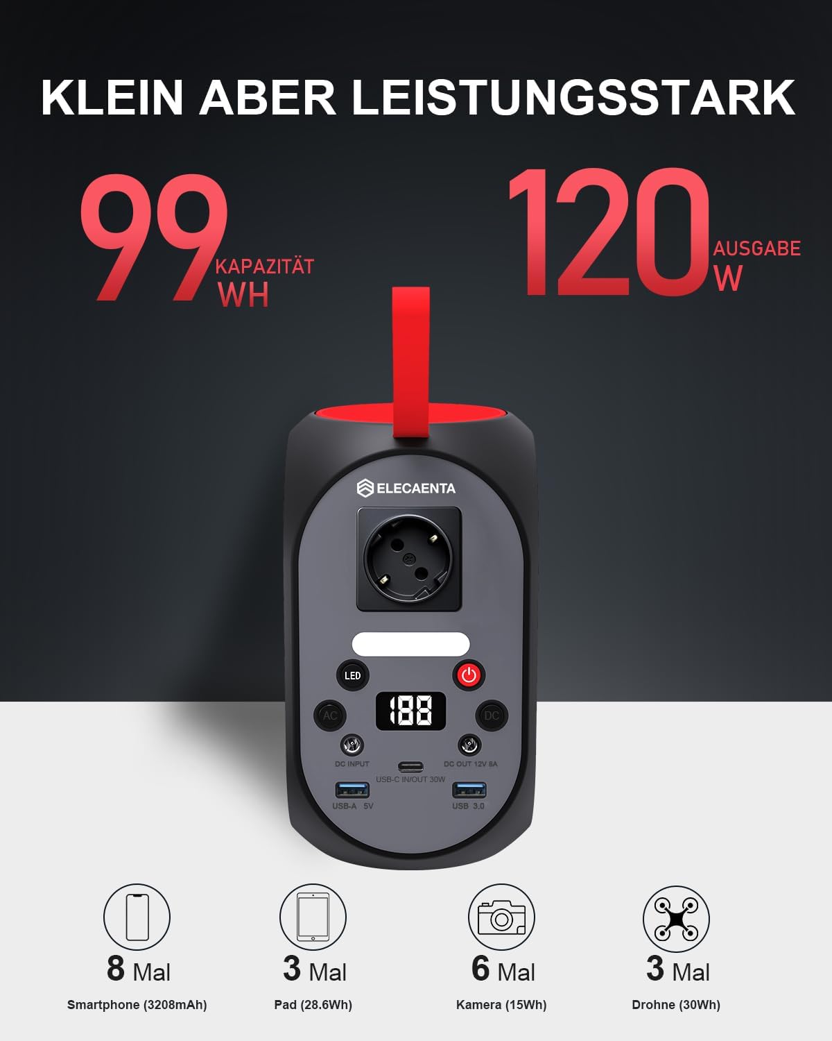 ELECAENTA Tragbares Kraftwerk, 99 Wh LiFePO4-Batterie, 120 W Solargeneratoren mit PD 30 W/AC/DC-Ausgang, Backup-Batterie für Reisen, Outdoor, Camping und Notfälle – Bild 3