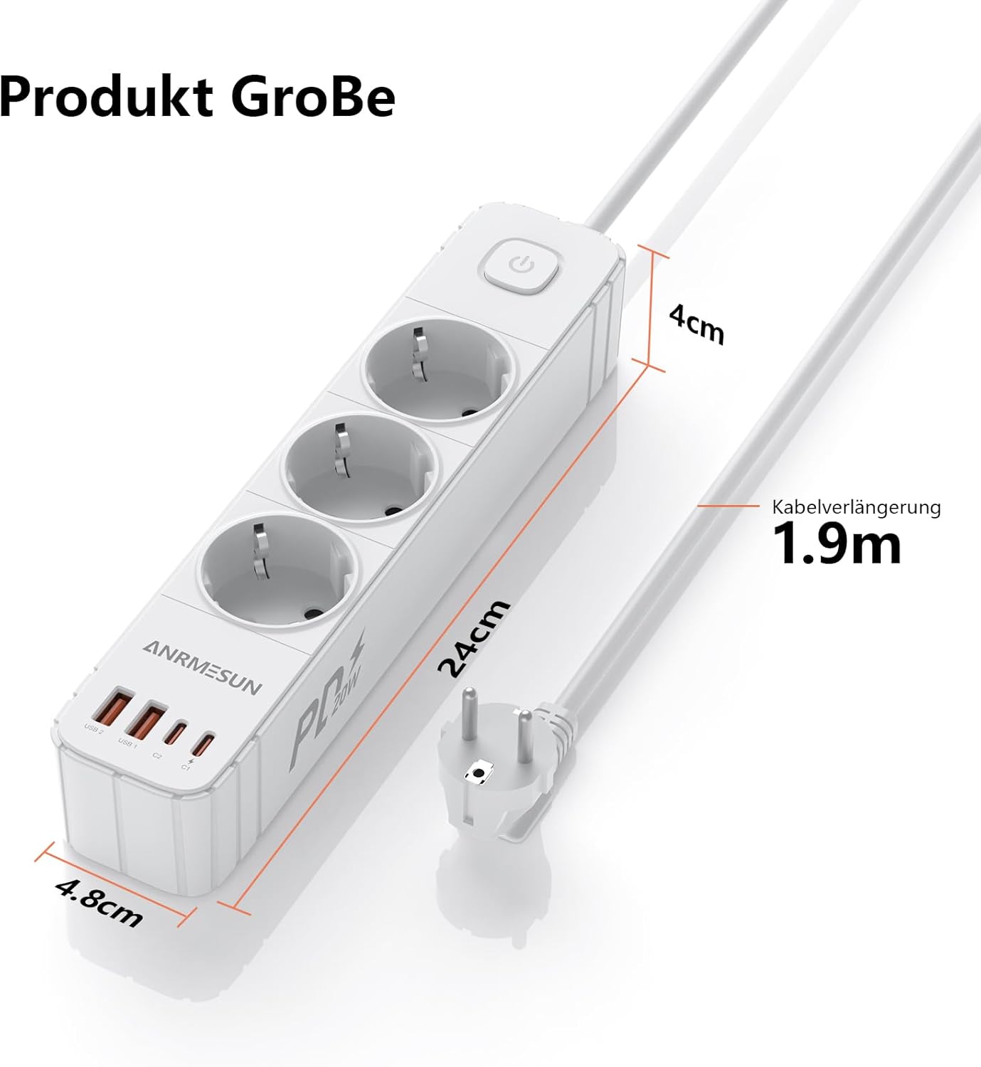 Steckdosenleiste mit USB C PD 20W, 3-fach Steckdose mit Überspannungsschutz, Mehrfachsteckdosen, 4 USB (2 USB-C), Steckdosenleiste Verteilersteckdose mit Schalter und 1,9m Kabel (3 Fächer, Weiß) – Bild 7