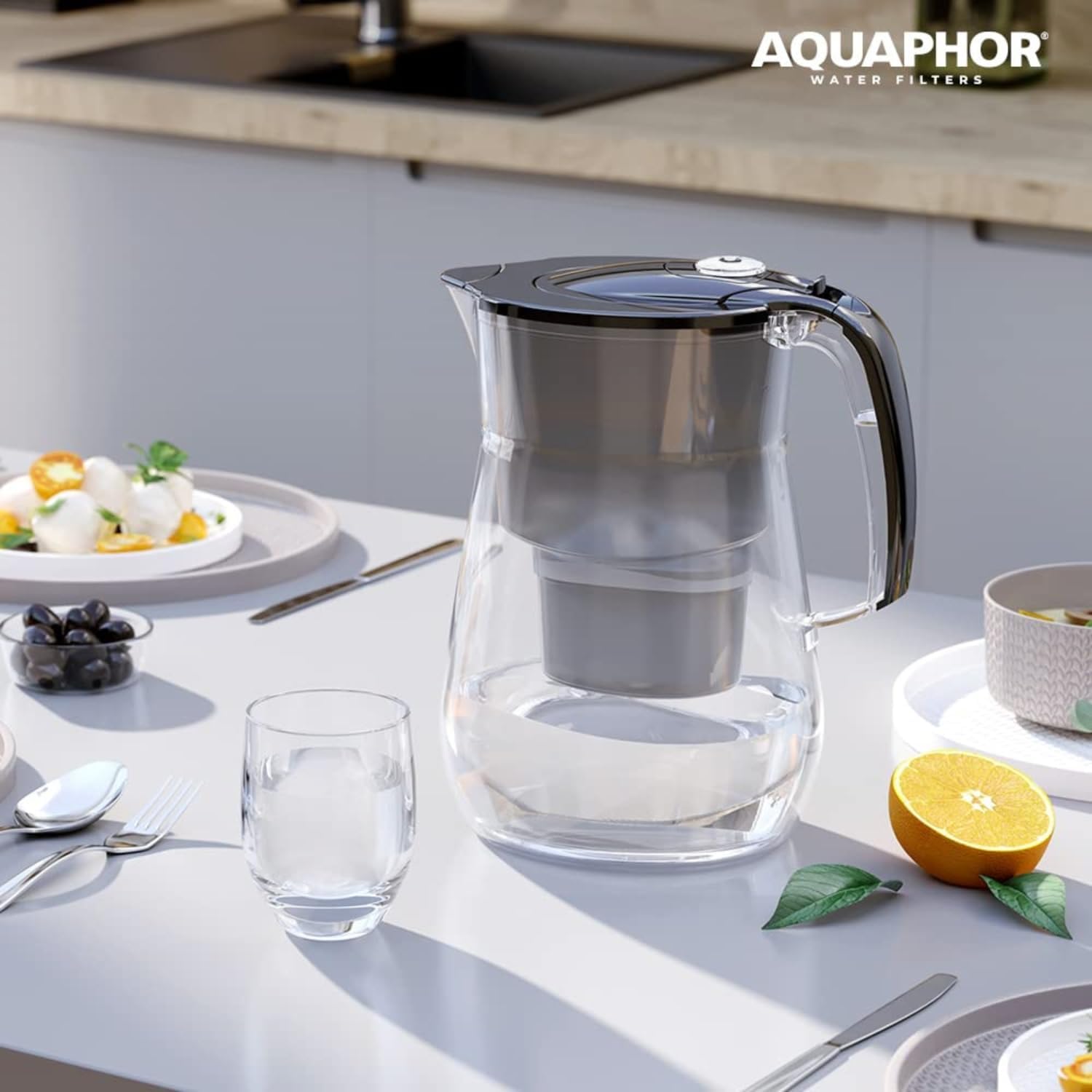 AQUAPHOR Onyx Wasserfilterkanne 4,2 L, zur Reduzierung von Kalk, Chlor und anderen Verunreinigungen, inklusive 3 x Maxfor+ Filterkartuschen – Premium Wasserfilterkanne in Glasoptik – Schwarz – Bild 3