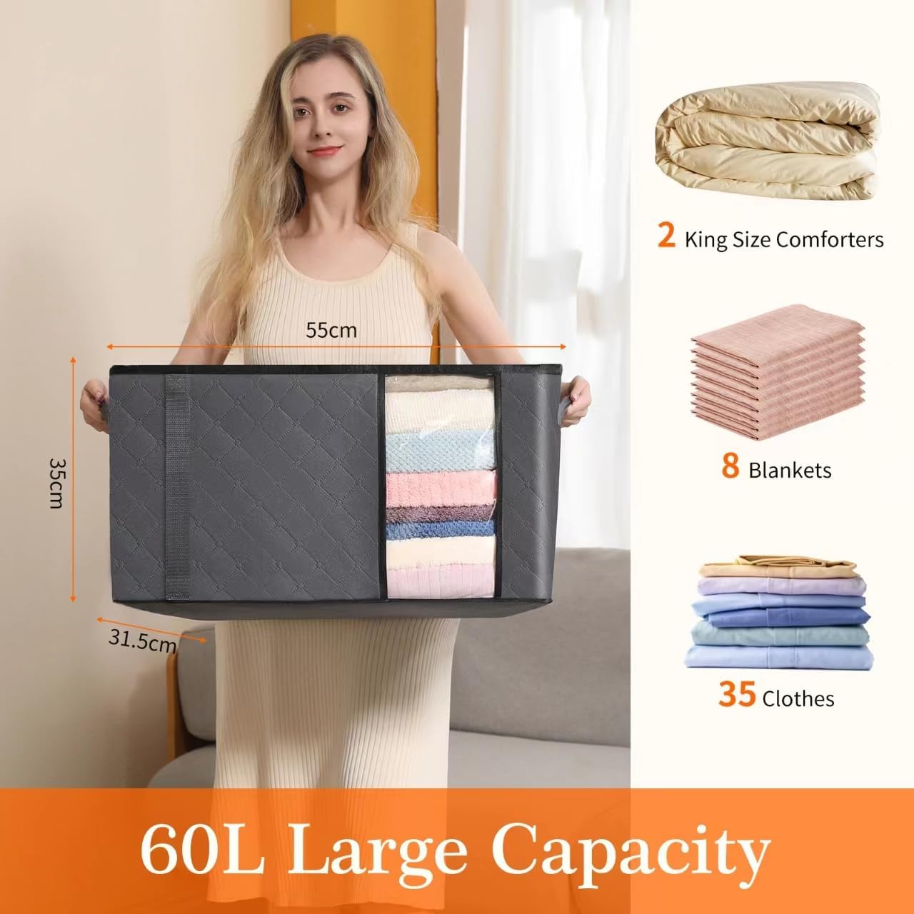 6 Stück 60L Aufbewahrungsbeutel, Aufbewahrungsboxen mit Deckel, große Kleideraufbewahrung, Umzugskartons, faltbare Aufbewahrungsboxen für Bettdecken, Decken, Kleidung, Unterbett, Kleiderschrank – Bild 2