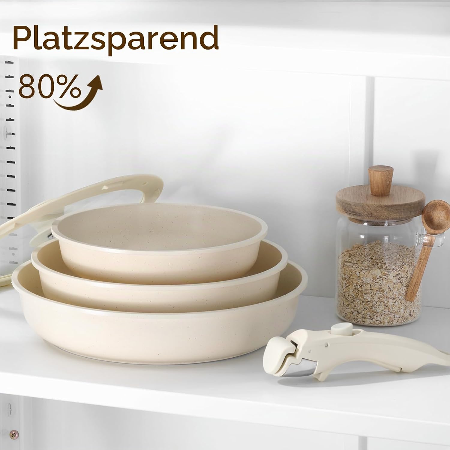 JEETEE Pfannenset 6-teilig mit abnehmbaren Griffen und Deckel, Antihaft-Kochgeschirrset, Pfanne 20/24/28 cm, stapelbares Topfset für alle Herdarten, ofenfest, Beige – Bild 4