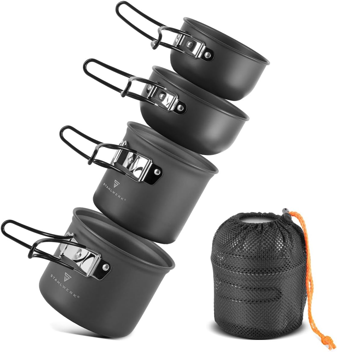 STAHLWERK Camping-Kochtopf-Set, 4-teilig, Aluminium, Outdoor-Kochgeschirr mit Antihaftbeschichtung, Camping-Kochset mit Töpfen und Deckel, Outdoor-Topf-Set, Camping-Geschirr