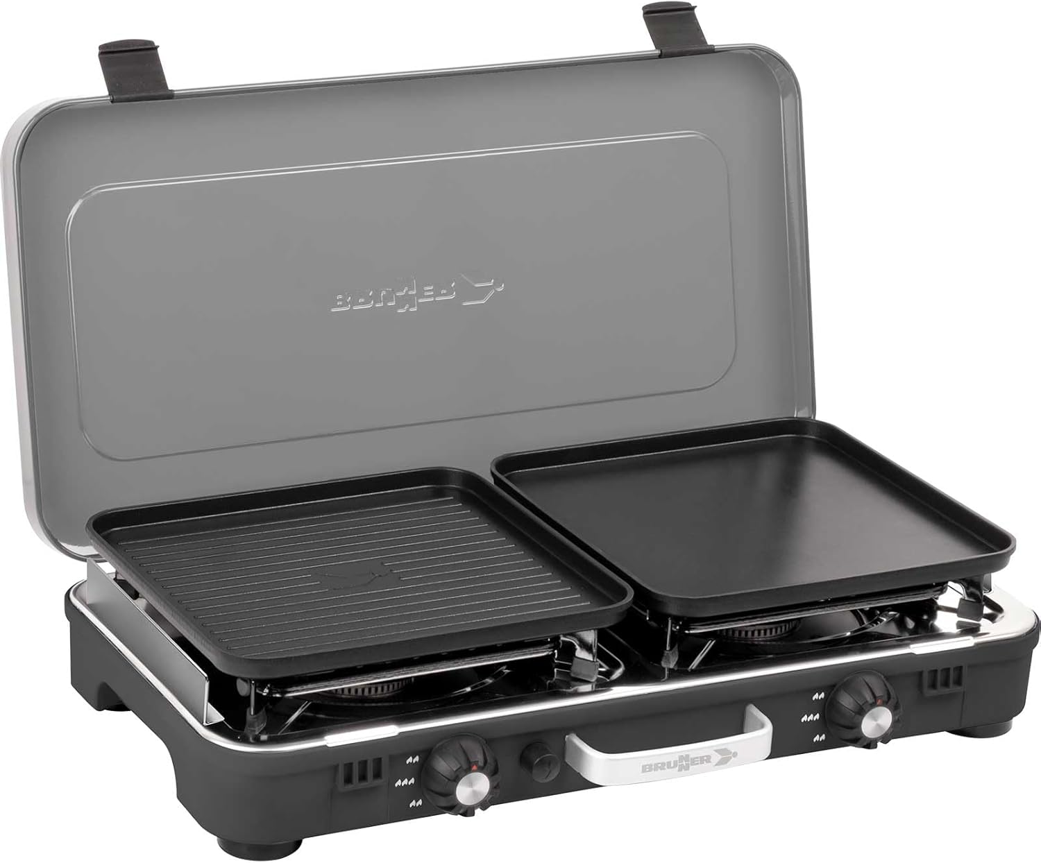 BRUNNER: Powerkook 2-in-1 Tisch-Campingkocher 2-flammiger Edelstahl-Gasgrill & Gaskocher 50 mbar mit Grillplatten mit Gasregler + Gasschlauch
