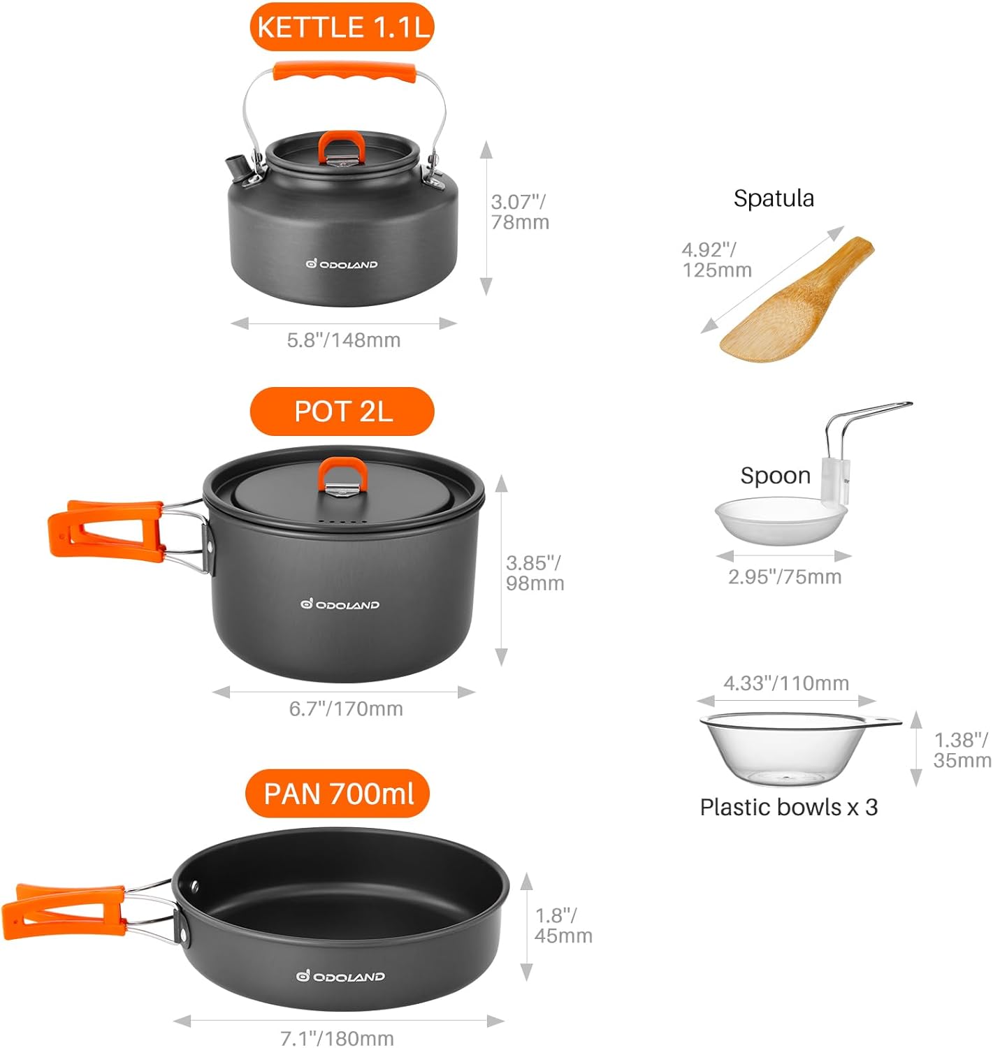 Odoland Camping-Kochgeschirr-Set, 10-teiliges Outdoor-Geschirr-Set mit Campingtopf, Camping-Bratpfanne und Teekannen für Camping, Outdoor, Kochen, Wandern, Reisen – Bild 5