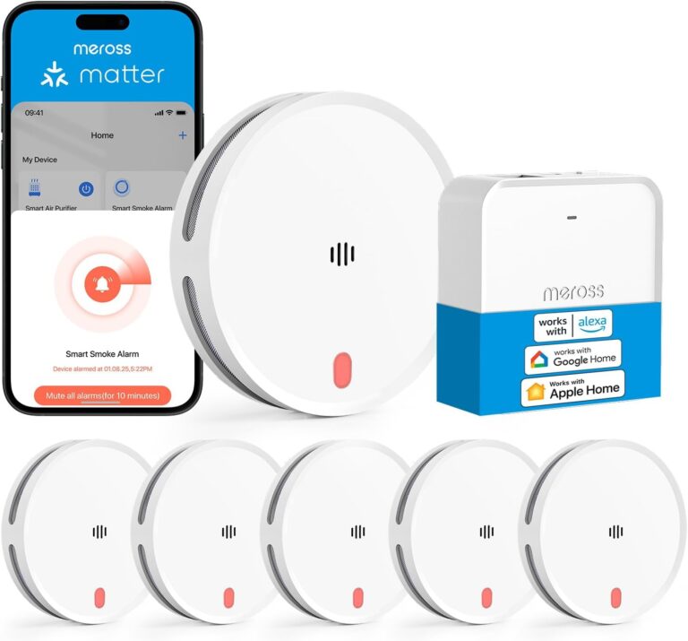 Meross Matte Rauchmelder vernetzt, Smarter Feueralarm WLAN mit Dual-Lichtsensor, Feueralarm mit App-Warnmeldung, kompatibel mit Home Assistant, HomeKit, Alexa, 33 mm, mit MSH450 Hub, Pack