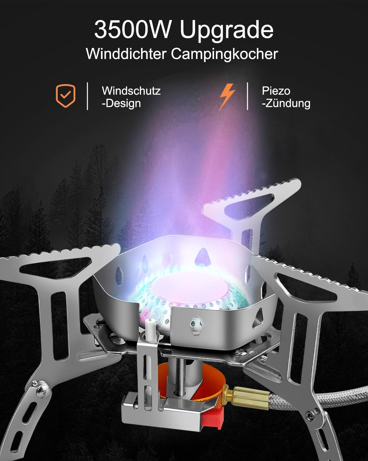 AUTOPkio Campingkocher 3500 W, winddichter Gas-Campingkocher mit Piezo-Zündung, faltbarer Gaskocher, Gasbrenner mit Adapter, Gaskocher für Picknick im Freien, Trekking, Wandern, Wandern – Bild 6