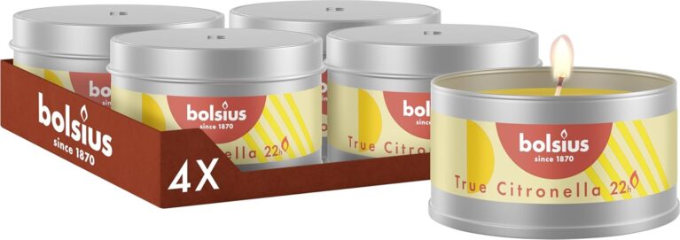 Bolsius True Citronella Outdoor-Kerzen – Metalldose – 4 Stück – Citronella-Duft – Outdoor-Dekoration – Brenndauer 22 Stunden