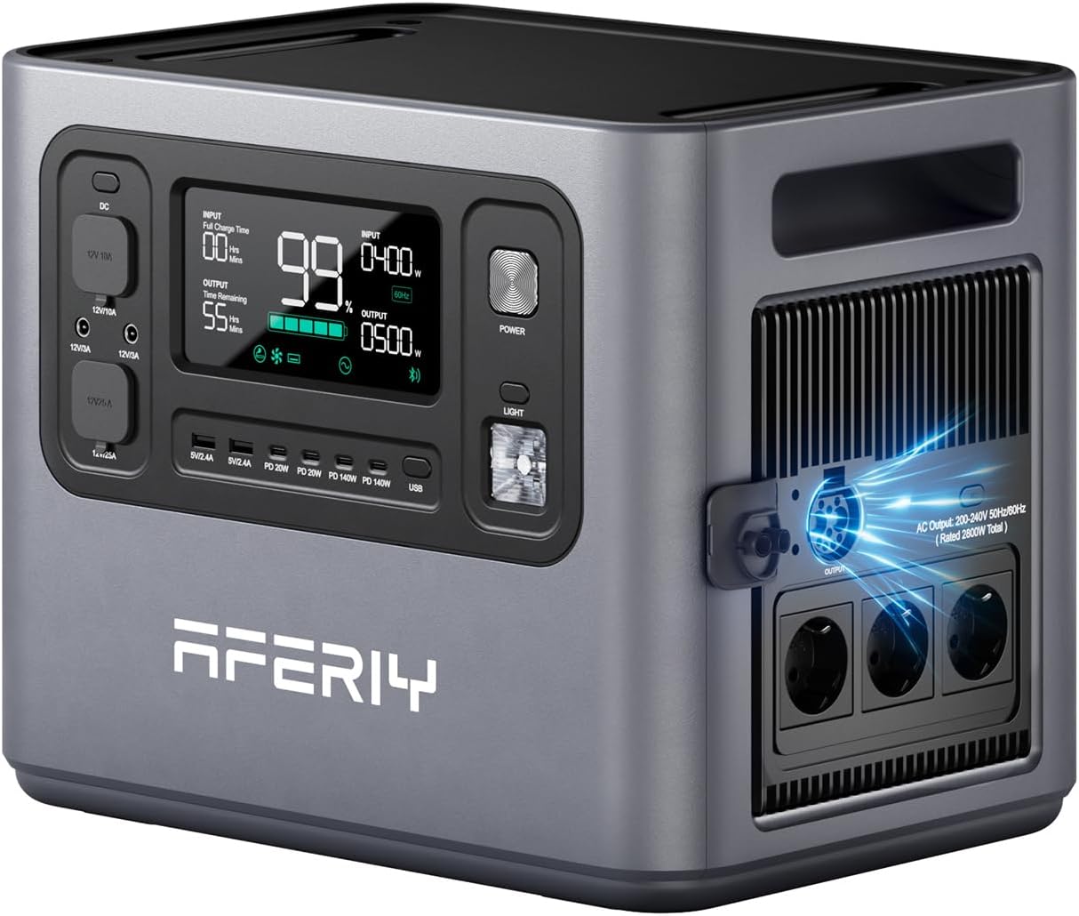 AFERIY 2048 Wh Tragbares Kraftwerk, 2800 W LiFePO4 in 1 Stunde Schnellladung, 13 Ausgänge, reine Sinuswelle 230 V, USV, erweiterbar auf 10,28 KWh, Solargenerator für Zuhause, Stromausfall, Reisen, Wohnmobil