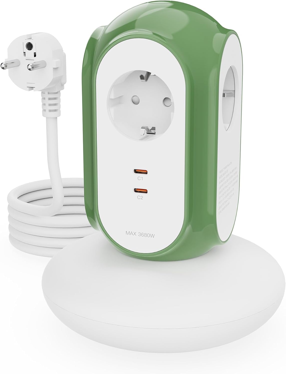 MiaoLab Steckdosenleiste mit 3 Steckdosen und 2 USB-C (30 W Schnellladung), 3680 W/16 A, 1420 J Überspannungsschutz, 479 g Basis, 2 m Verlängerungskabel, Überlastschutz, kompatibel mit Typ C/E/F