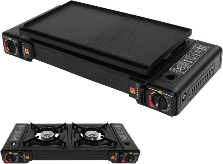 Gaskocher 2 Brenner 2 x 2500 W Gaskocher mit Grillplatte, Campingkocher 2 Brenner, Überdruckschutzventil, Campingkocher für Töpfe bis 34 cm